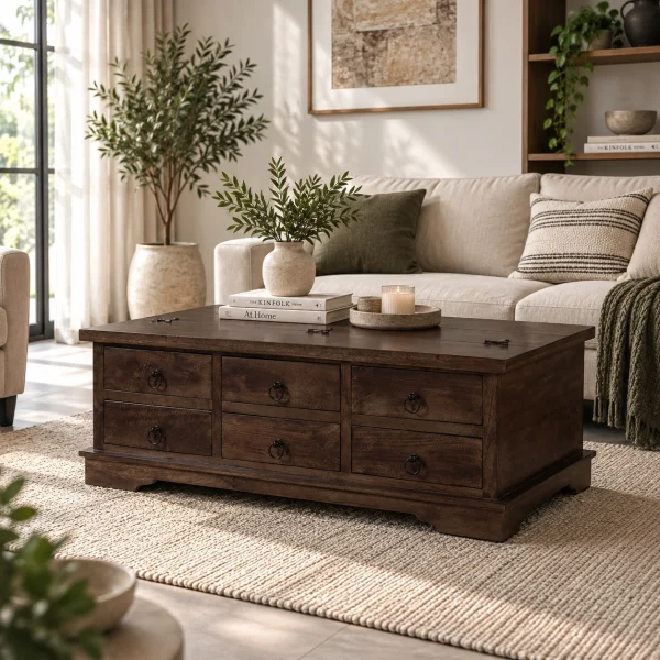 The Attic Leamington Coffee Table - Solid Wood Centre Table with Walnut Matte Finish for Elegant Living Room Decor