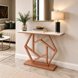 KL-2204C (1) The Attic Girda Console Table: Elegant Marble and Iron Design in White and Copper Matt Finish for Living Room Décor