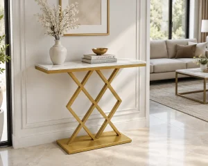The Attic Avril Console Table: Marble + Iron Design | White + Gold Matt Finish