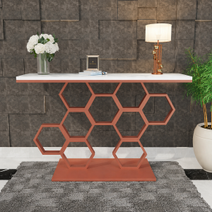 The Attic Lamda Console Table For Living Room|Marble + Iron|White + Copper Matt Finish