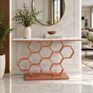KL-2207C (1) The Attic Lamda Console Table For Living Room|Marble + Iron|White + Copper Matt Finish