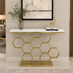 KL-2207G (1) The Attic Lamda Console Table For Living Room|Marble + Iron|White + Gold Matt Finish