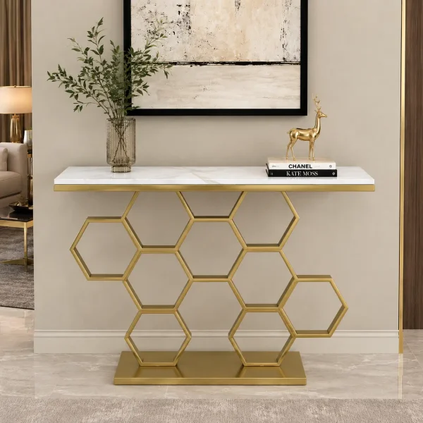 KL-2207G (1) The Attic Lamda Console Table For Living Room|Marble + Iron|White + Gold Matt Finish