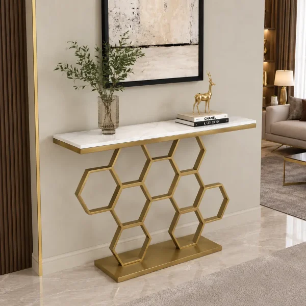 KL-2207G (2) The Attic Lamda Console Table For Living Room|Marble + Iron|White + Gold Matt Finish
