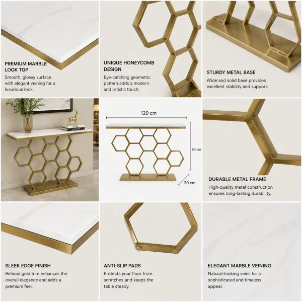 KL-2207G (4) The Attic Lamda Console Table For Living Room|Marble + Iron|White + Gold Matt Finish
