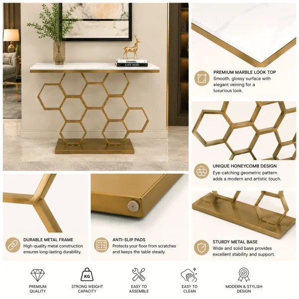 KL-2207G (5) The Attic Lamda Console Table For Living Room|Marble + Iron|White + Gold Matt Finish
