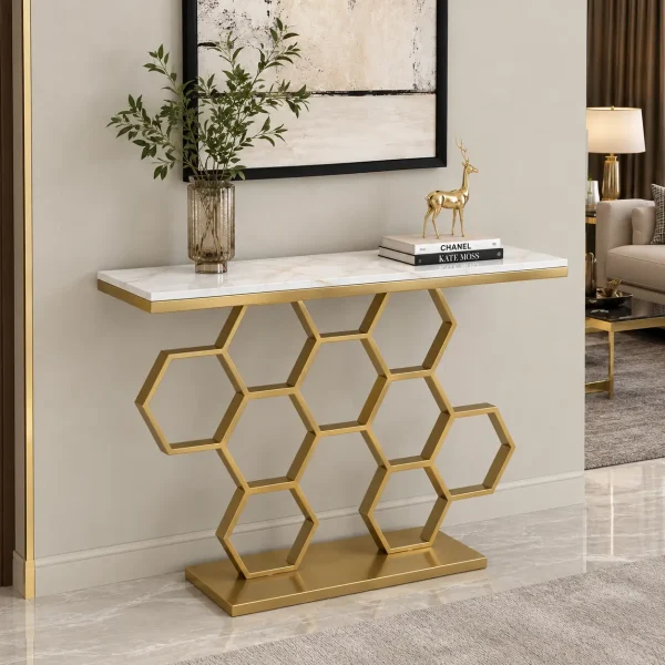 KL-2207G (6) The Attic Lamda Console Table For Living Room|Marble + Iron|White + Gold Matt Finish