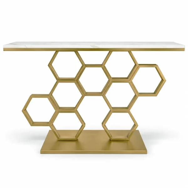 KL-2207G (7) The Attic Lamda Console Table For Living Room|Marble + Iron|White + Gold Matt Finish