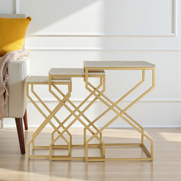 The Attic Cruzz Set: Luxurious Marble and Iron Tables for Living Room | White and Gold Matt Finish