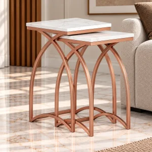 The Attic Artic Set: Exquisite Marble and Iron Tables for Living Room | White and Copper Matt Finish