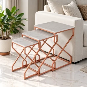 The Attic Cruzz Set: Luxurious Marble and Iron Tables for Living Room | White and Copper Matt Finish