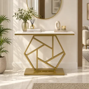 KL-2204G (1) The Attic Girda Console Table for Living Room, Marble + Iron, White + Gold Matt Finish