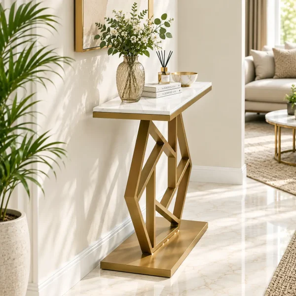 KL-2204G (3) The Attic Girda Console Table for Living Room, Marble + Iron, White + Gold Matt Finish