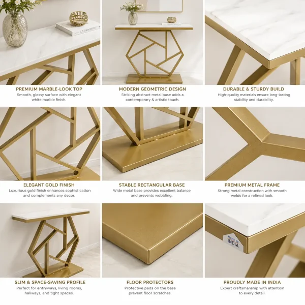 KL-2204G (4) The Attic Girda Console Table for Living Room, Marble + Iron, White + Gold Matt Finish