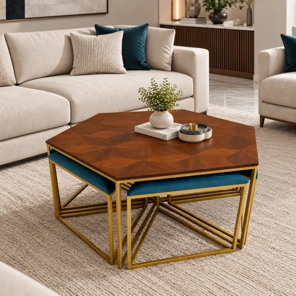 The Attic Coaster Coffee Table with 6 stools, Honey Matte Finish