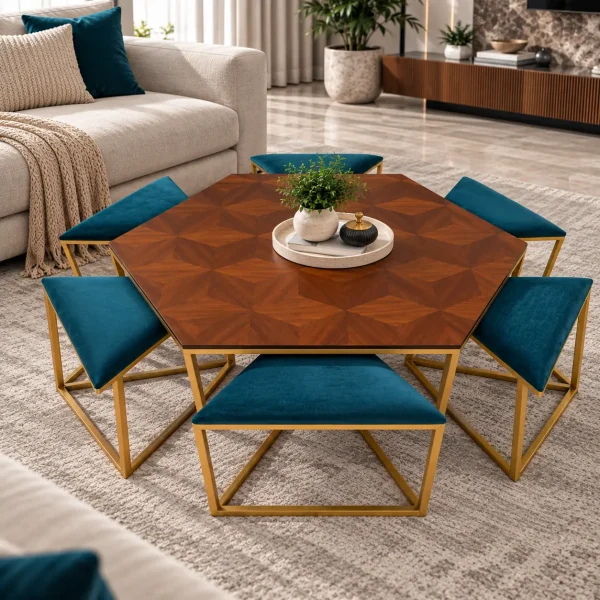 The Attic Coaster Coffee Table with 6 stools, Honey Matte Finish