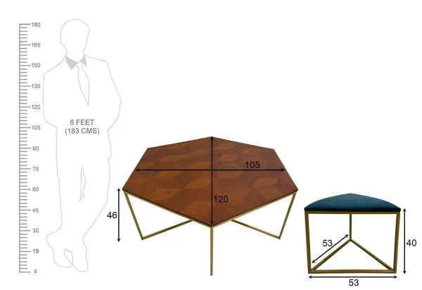 The Attic Coaster Coffee Table with 6 stools, Honey Matte Finish