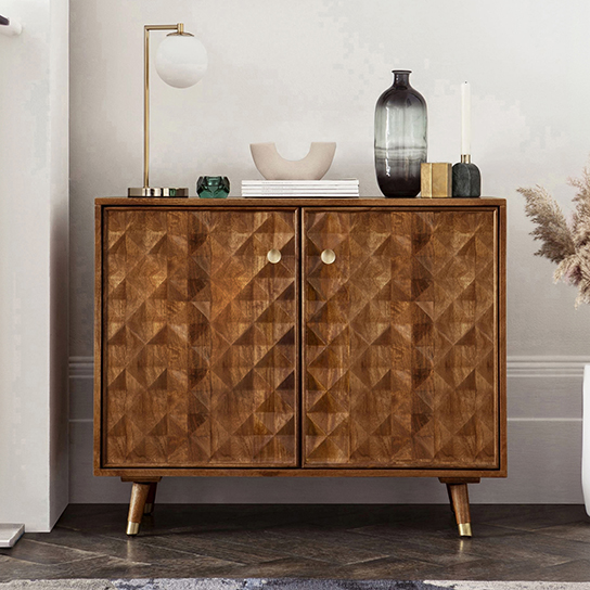 The Attic Diamond Medium Sideboard Honey|Multipurpose Cabinet for Kitchen and Living Room Storage|Classy Sideboard|Solid Mango Wood|Honey Matte Finish