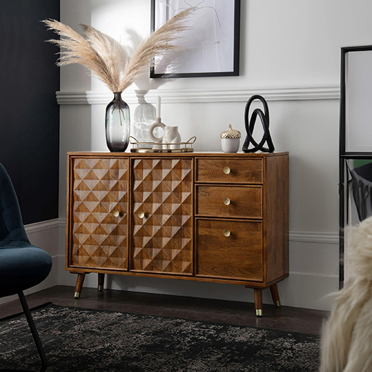 The Attic Diamond Sideboard Honey|Multipurpose Cabinet for Kitchen and Living Room Storage|Classy Sideboard|Solid Mango Wood|Honey Matte Finish
