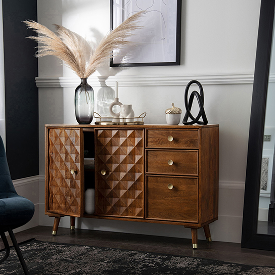 The Attic Diamond Sideboard Honey|Multipurpose Cabinet for Kitchen and Living Room Storage|Classy Sideboard|Solid Mango Wood|Honey Matte Finish