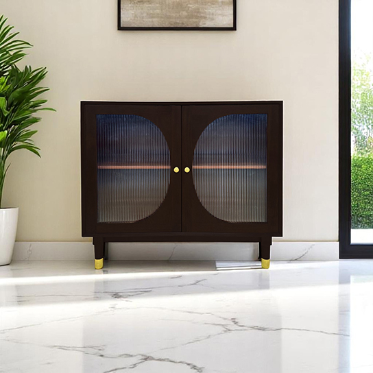The Attic Kingston Sideboard Walnut Glass|Multipurpose Cabinet for Kitchen and Living Room Storage|Classy Sideboard|Solid Mango Wood|Walnut Matte Finish