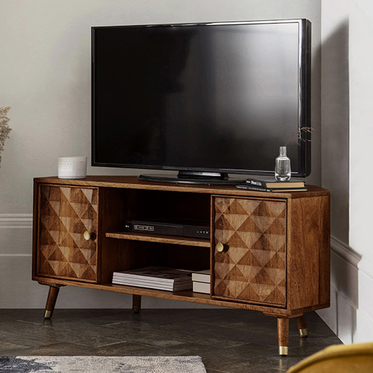 The Attic Diamond TV Corner Cabinet|Solid Wood Sideboard TV Cabinet for Living Room|Classy TV Cabinet|Wooden Free Standing TV Unit Side Board Table with Storage|Honey Matte Finish