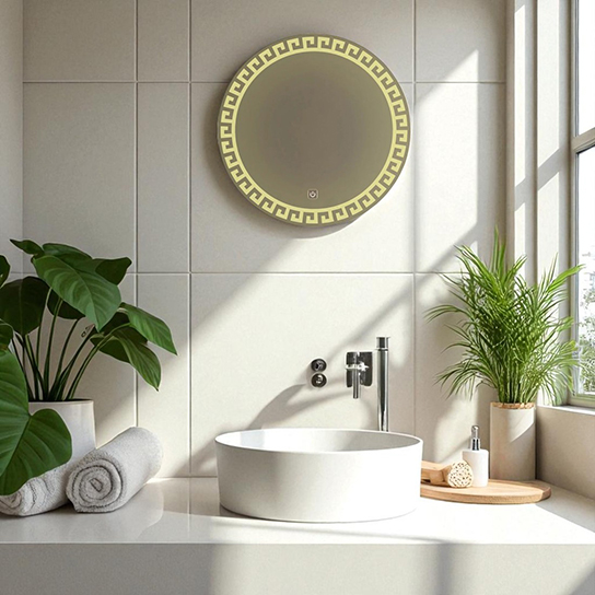 The Attic Riverton LED Mirror |Mirror with Greek Key Design | Touch Sensor Decorative Vanity Mirror | Wall Mounted Lighted Mirror for Wash Basin & Dressing Area