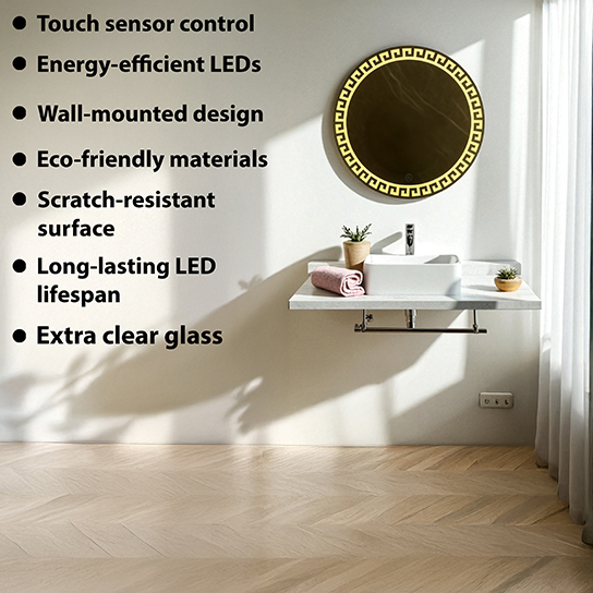 The Attic Riverton LED Mirror |Mirror with Greek Key Design | Touch Sensor Decorative Vanity Mirror | Wall Mounted Lighted Mirror for Wash Basin & Dressing Area