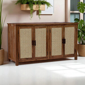The Attic California Sideboard|Multipurpose Cabinet for Kitchen and Living Room Storage|Crockery Storage|Solid Sheesham Wood|Cane Cabinet|Honey Matte Finish