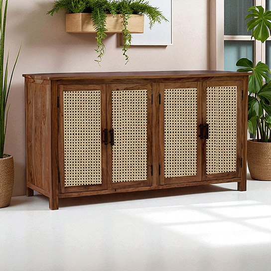 The Attic California Sideboard|Multipurpose Cabinet for Kitchen and Living Room Storage|Crockery Storage|Solid Sheesham Wood|Cane Cabinet|Honey Matte Finish