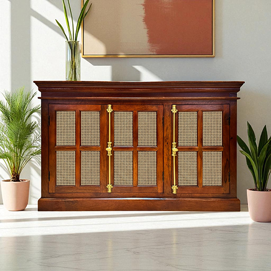 The Attic Oregon 3 Door Sideboard with Cane,Honey Matte Finish