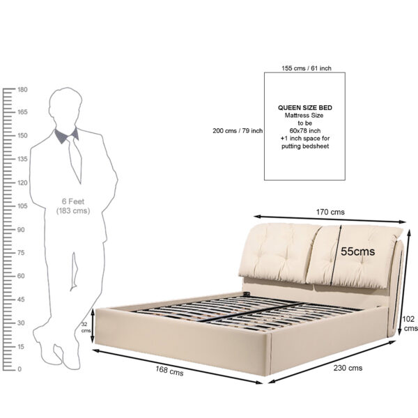 The Attic Luna Queen Size  Hydraulic Storage Bed with Tufted Cushion Headboard Cream Beige