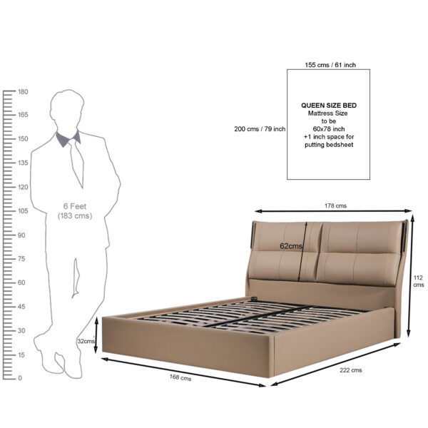 The Attic Nova Queen Size  Bed with Hydraulic Lift Storage with Soft Cushion Headboard Khakhi Beige