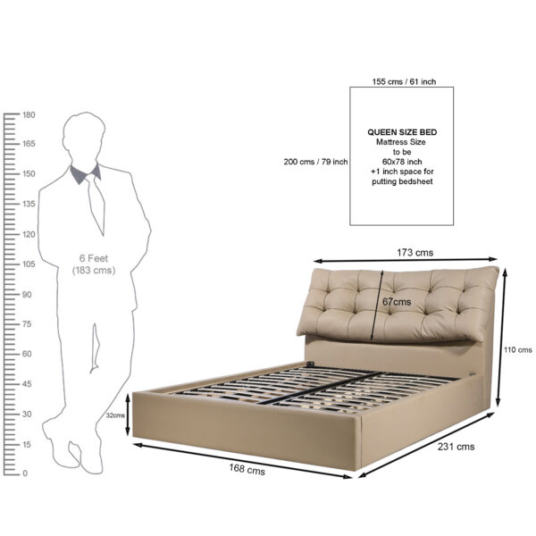 The Attic Kona Queen Size  Hydraulic Lift Storage Bed with Tufted Headboard Khakhi Beige