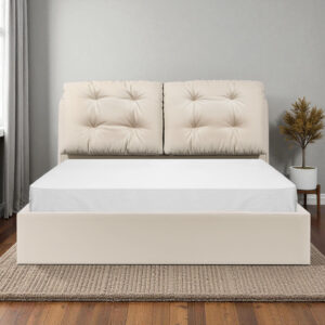 The Attic Luna Queen Size  Hydraulic Storage Bed with Tufted Cushion Headboard Cream Beige