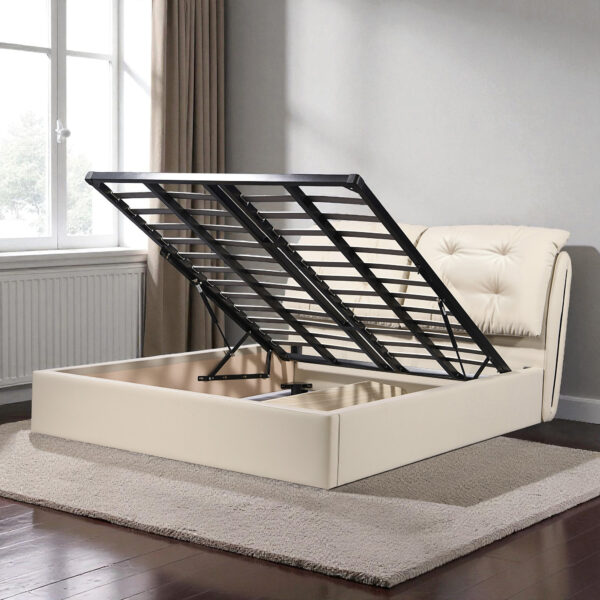 The Attic Luna Queen Size  Hydraulic Storage Bed with Tufted Cushion Headboard Cream Beige