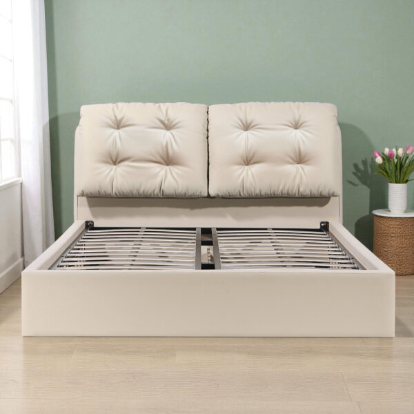 The Attic Luna Queen Size  Hydraulic Storage Bed with Tufted Cushion Headboard Cream Beige