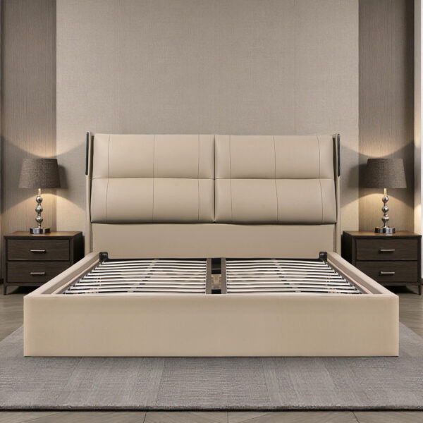 The Attic Nova Queen Size  Bed with Hydraulic Lift Storage with Soft Cushion Headboard Khakhi Beige