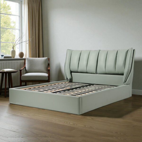 The Attic Rivera Modern Queen Size Hydraulic Storage Bed with Soft Cushion Headboard Sage Green