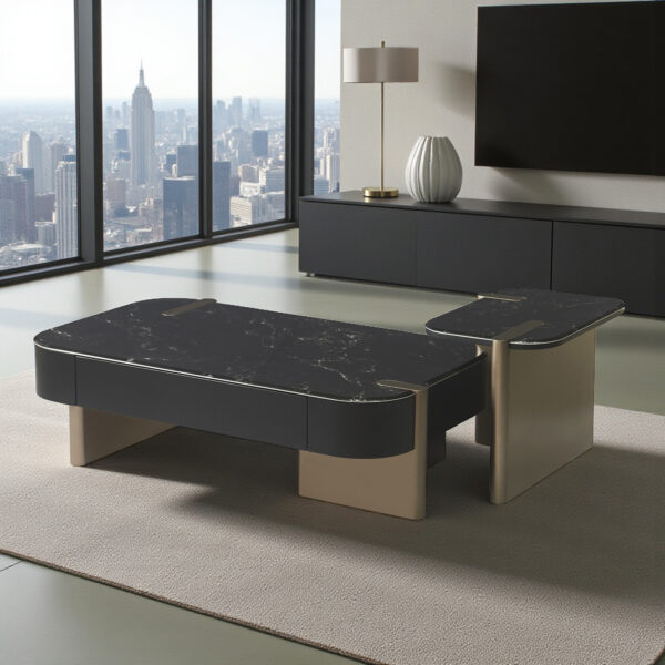 KL-2441 (1) The Attic Obsidian Luxe Modern Black Marble & Gold Coffee Table Set