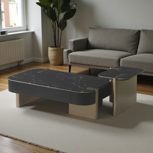KL-2441 (6) The Attic Obsidian Luxe Modern Black Marble & Gold Coffee Table Set