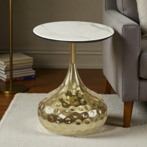 The Attic Luxe Marble Top End Table Elegant White Design,Golden & Cream