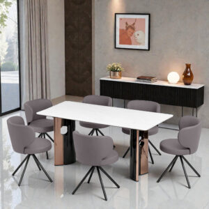 KL-2603A (1) The Attic Elite Modern 6 Seater Dining Set,Light Grey,Black, Rose Gold & Cream,180Cms