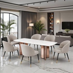 The Attic Modern Crest 6 Seater Dining Set,Cream ,Rose Gold & Cream,160Cms
