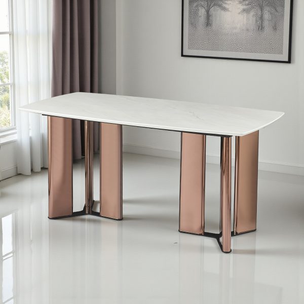 KL-2619 (4) The Attic Modern Crest 6 Seater Dining Set,Cream ,Rose Gold & Cream,160Cms
