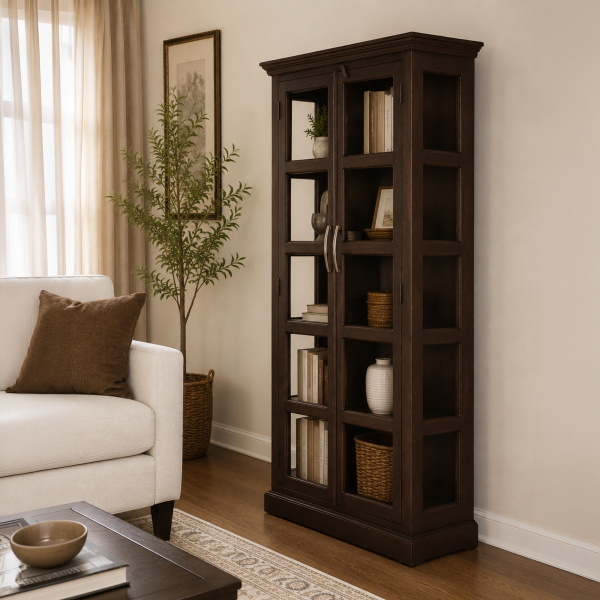 The Attic Havenwood Glass Panel Bookshelf Cabinet Walnut