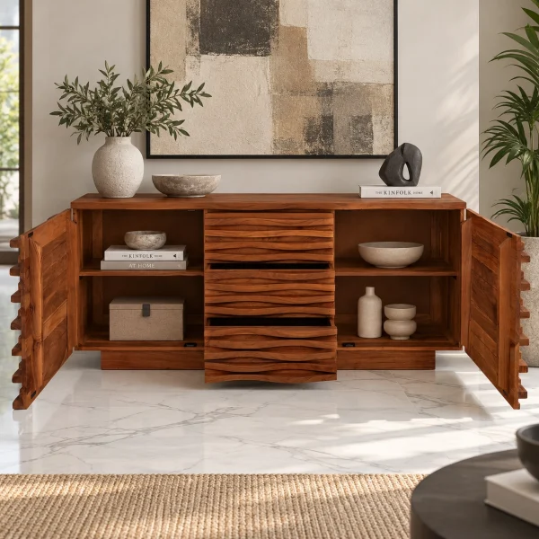 The Attic Artic Sideboard, Multipurpose Cabinet for Kitchen and Living Room Storage, Crockery Storage, Solid Acacia Wood, Honey Matte Finish