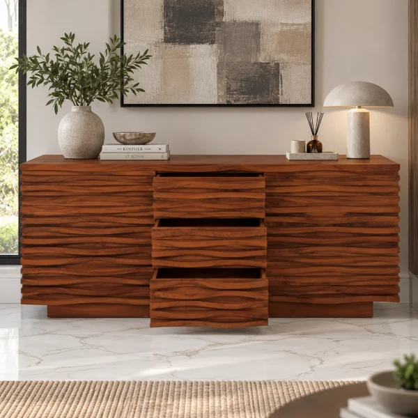 The Attic Artic Sideboard, Multipurpose Cabinet for Kitchen and Living Room Storage, Crockery Storage, Solid Acacia Wood, Honey Matte Finish