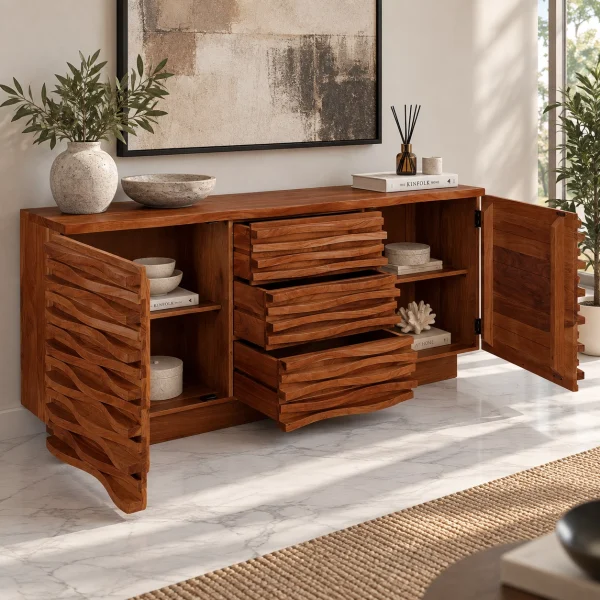 The Attic Artic Sideboard, Multipurpose Cabinet for Kitchen and Living Room Storage, Crockery Storage, Solid Acacia Wood, Honey Matte Finish