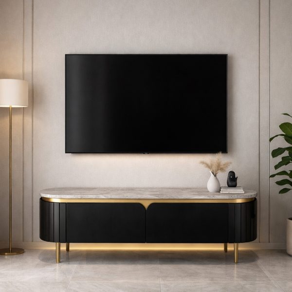 The Attic Carlston TV Cabinet, Solid Wood Sideboard TV Cabinet for Living Room, Classy TV Cabinet, Wooden Free Standing TV Unit Side Board Table with Storage, Black Matte Finish